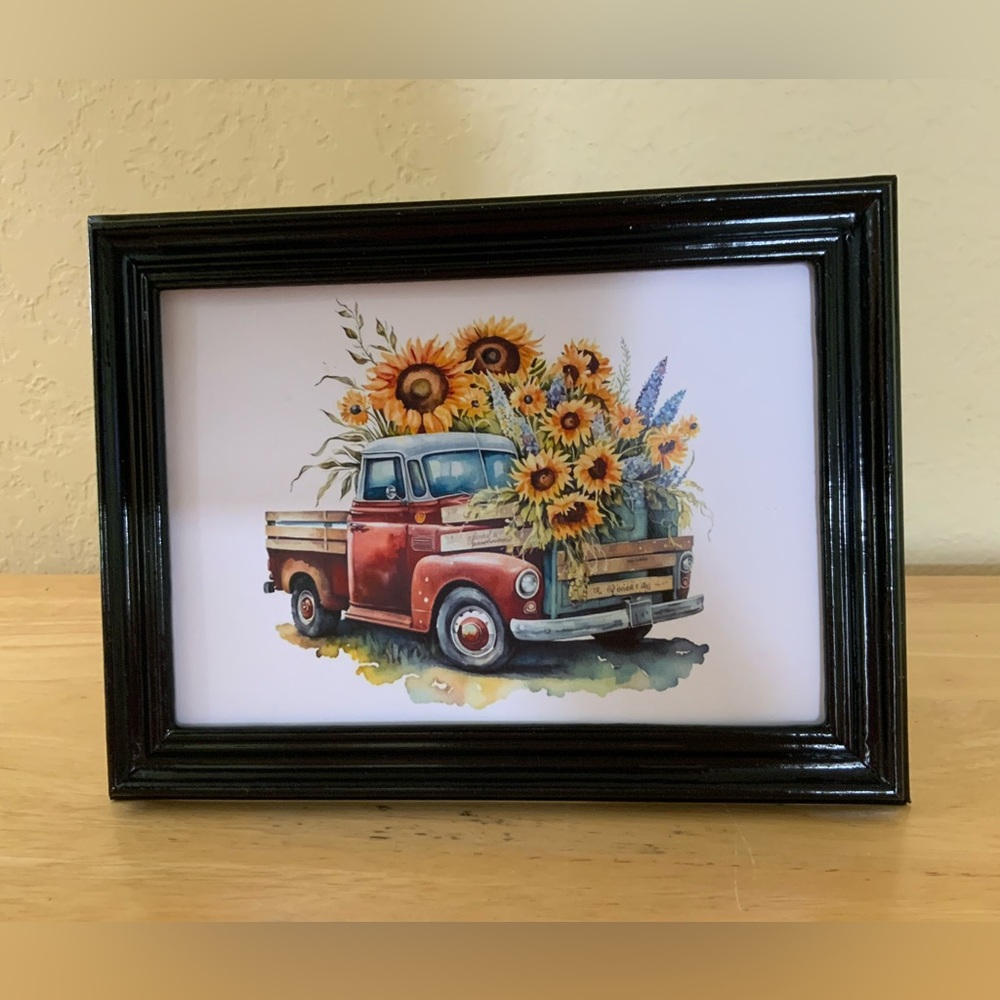 Farmhouse Sunflowers & red truck picture 5x7 w/frame